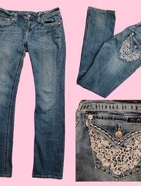 MISS ME - Y2K Women's Low Rise Distressed Lace Pocket Straight Leg Jeans Size 31